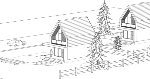 Kasaba mimarisi çizimi 3d vektör illüstrasyonu