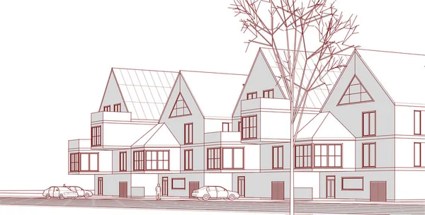 Kasaba mimarisi çizimi 3d vektör illüstrasyonu