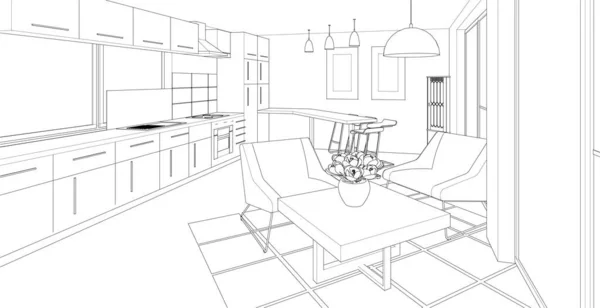 工作室公寓内部3D插图 — 图库矢量图片