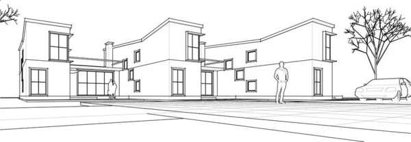 Casa Pueblo Dibujo Arquitectónico Vector Ilustración — Vector de stock