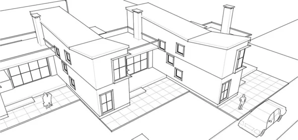 タウンハウスの建築スケッチ3Dベクトルイラスト — ストックベクタ