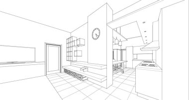 iç görselleştirme, 3 boyutlu illüstrasyon, bir odanın çizimi