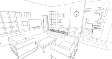 iç görselleştirme, 3d illüstrasyon, skeç, duvar, taslak