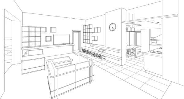 Visualisasi Interior Ilustrasi Sketsa Dinding Vektor Gambar Linear - Stok Vektor
