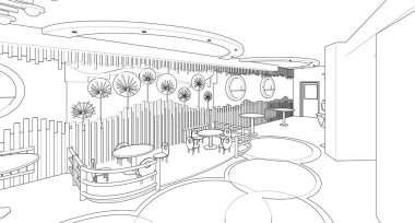 modern kafe çizimi 3d illüstrasyon