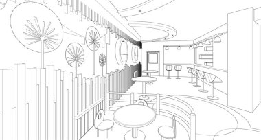 modern kafe çizimi 3d illüstrasyon