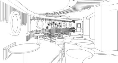 modern kafe çizimi 3d illüstrasyon