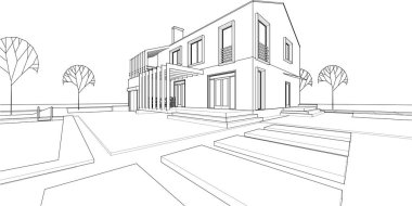 Kasaba mimarisi çizimi 3d vektör illüstrasyonu