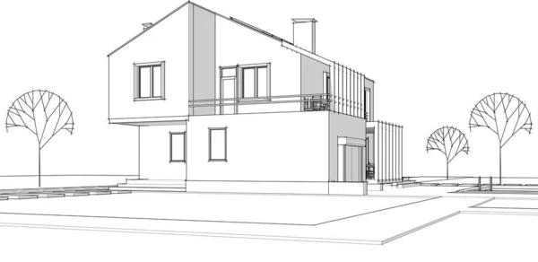 Casa Pueblo Dibujo Arquitectónico Vector Ilustración — Vector de stock