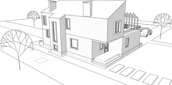 タウンハウスの建築スケッチ3Dベクトルイラスト — ストックベクタ