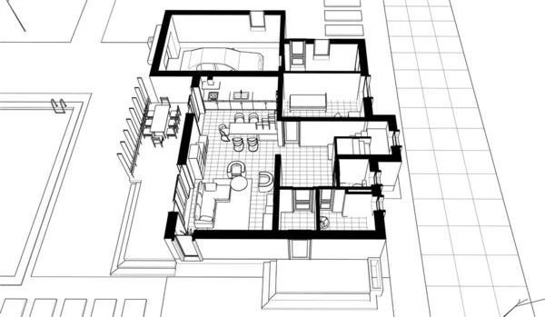 家の伝統的な建築3Dレンダリング — ストックベクタ