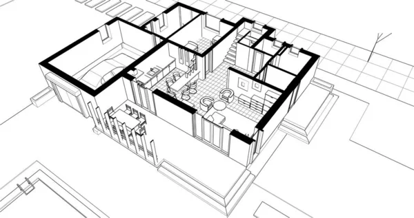 家の伝統的な建築3Dレンダリング — ストックベクタ