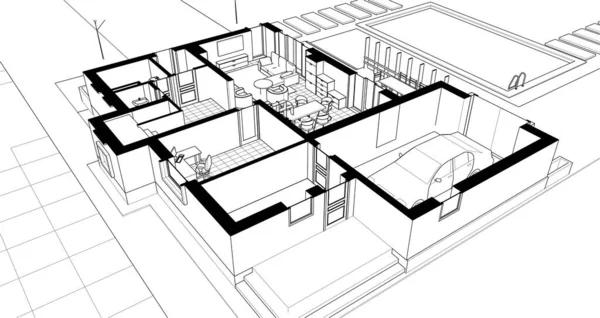 家の伝統的な建築3Dレンダリング — ストックベクタ