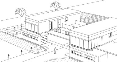 konsollu modern ev, 3D render mimari tasarım çizimi