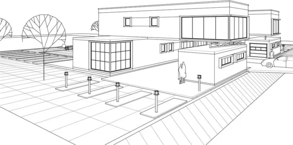 带有控制台的现代房屋 3D渲染建筑设计草图 — 图库矢量图片