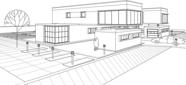 コンソール付きのモダンな家 3Dレンダリングアーキテクチャの設計スケッチ — ストックベクタ