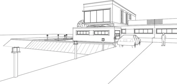 Modernes Haus Mit Konsolen Renderarchitektur Skizze — Stockvektor