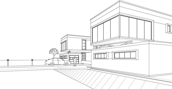 Casa Moderna Con Consolas Dibujo Diseño Arquitectura Renderizado — Vector de stock