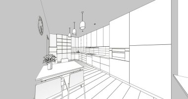 İç mutfak oturma odası 3D görüntü