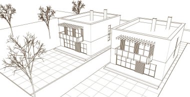 ev mimarisi çizimi 3d illüstrasyon