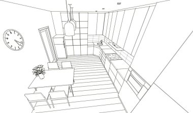 İç mutfak oturma odası 3D görüntü