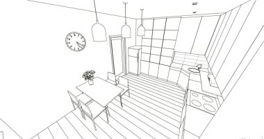 İç mutfak oturma odası 3D görüntü