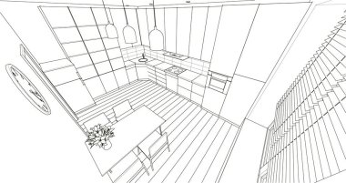 İç mutfak oturma odası 3D görüntü