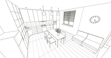 İç mutfak oturma odası 3D görüntü