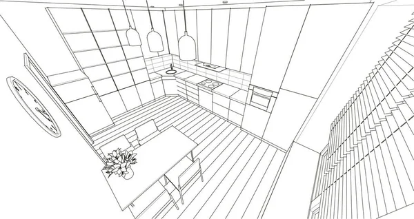 İç mutfak oturma odası 3D görüntü