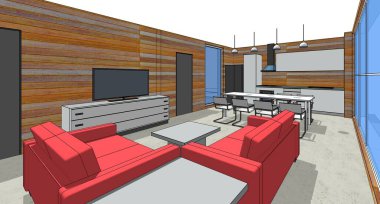 Mutfak ve oturma odası 3 boyutlu resimleme