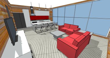 Mutfak ve oturma odası 3 boyutlu resimleme