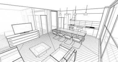 Mutfak ve oturma odası 3 boyutlu resimleme