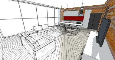 Mutfak ve oturma odası 3 boyutlu resimleme