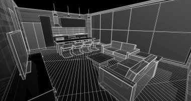 Mutfak ve oturma odası 3 boyutlu resimleme