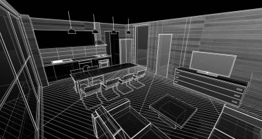 Mutfak ve oturma odası 3 boyutlu resimleme