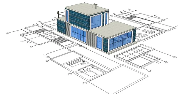 房屋建筑草图3D插图 — 图库照片