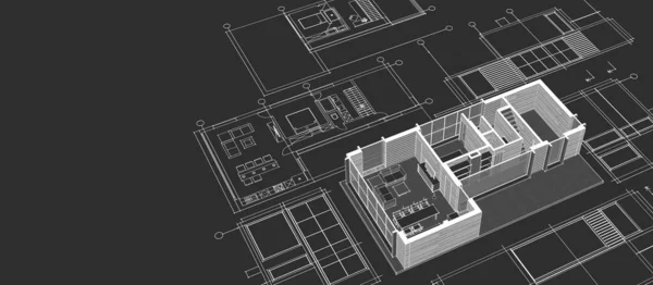 房屋建筑草图3D插图 — 图库照片