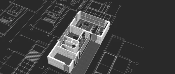 房屋建筑草图3D插图 — 图库照片