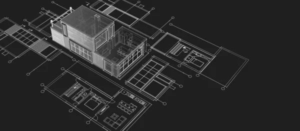 房屋建筑草图3D插图 — 图库照片