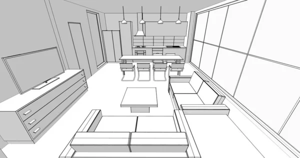 Interiér Kuchyně Obývacího Pokoje Ilustrace — Stock fotografie