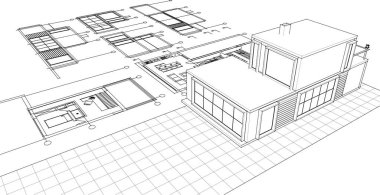 Bina planları, mimari taslak 3D illüstrasyon