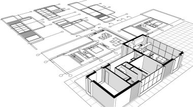 Bina planları, mimari taslak 3D illüstrasyon
