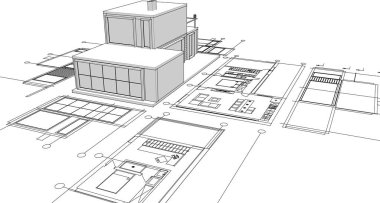 Bina planları, mimari taslak 3D illüstrasyon