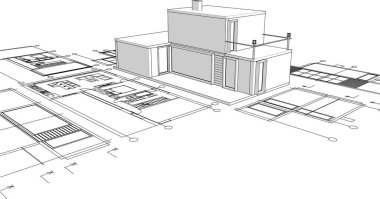 Bina planları, mimari taslak 3D illüstrasyon