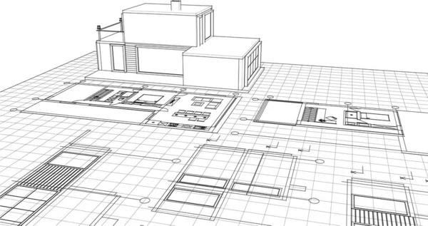 建物の設計図建築スケッチ3Dイラスト — ストックベクタ