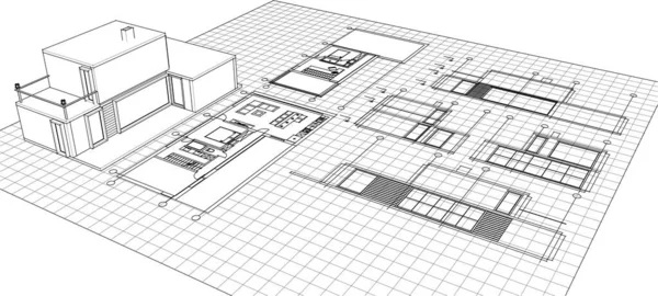 Building Blueprints Architectural Sketch Illustration — Stock vektor