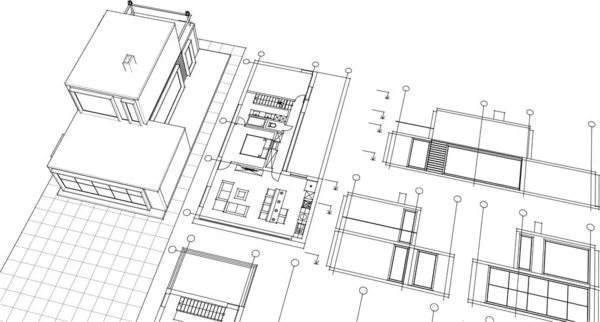 建物の設計図建築スケッチ3Dイラスト — ストックベクタ