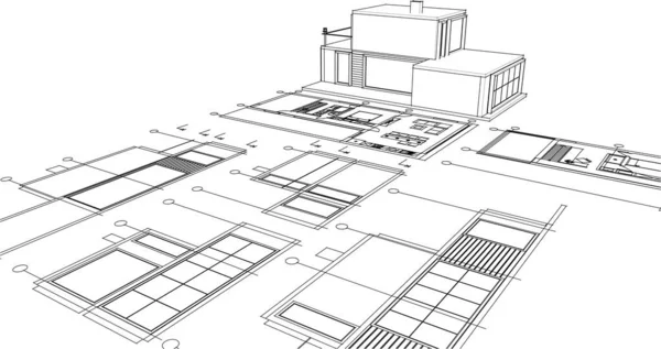 建物の設計図建築スケッチ3Dイラスト — ストックベクタ