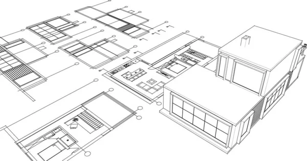 Building Blueprints Architectural Sketch Illustration — Stock Vector