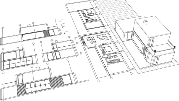 Byggnadsritningar Arkitektonisk Skiss Illustration — Stock vektor